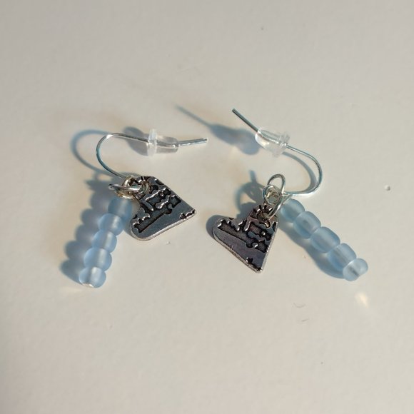 Handmade Etched Silver Heart Charm Dangle Earrings with Blue Glass Beads - Picture 2 of 2